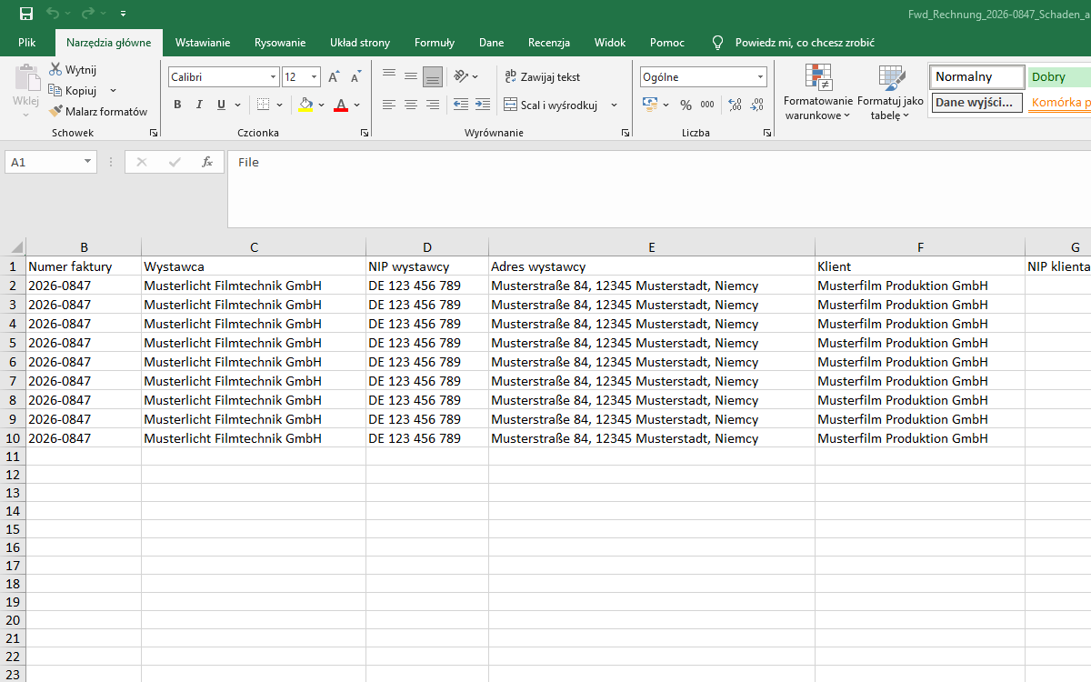 The exported workbook, with the named columns filled in