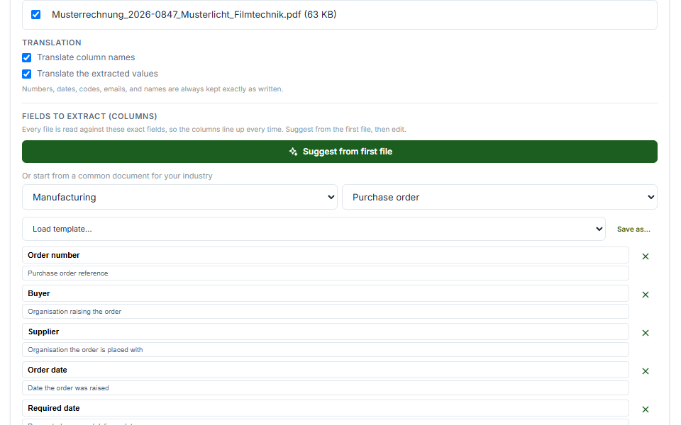 Manufacturing and Purchase order selected, with the named fields that set brings