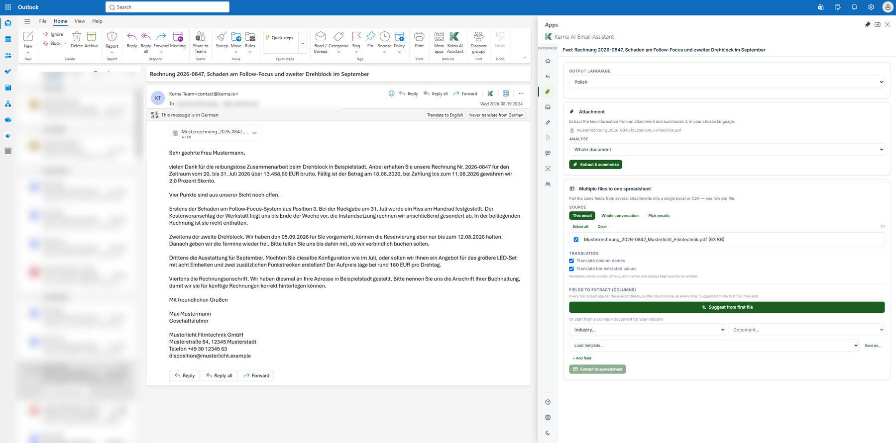 An email with an invoice attached, open in Outlook beside the Kerna panel