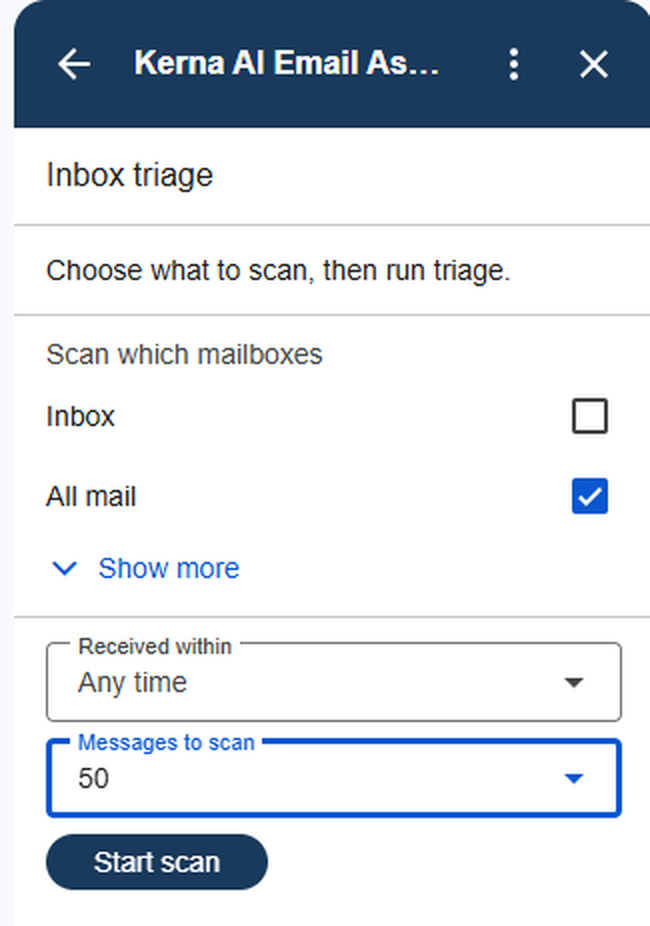 A Gmail inbox with the Kerna add-on sidebar open, and Triage being pressed