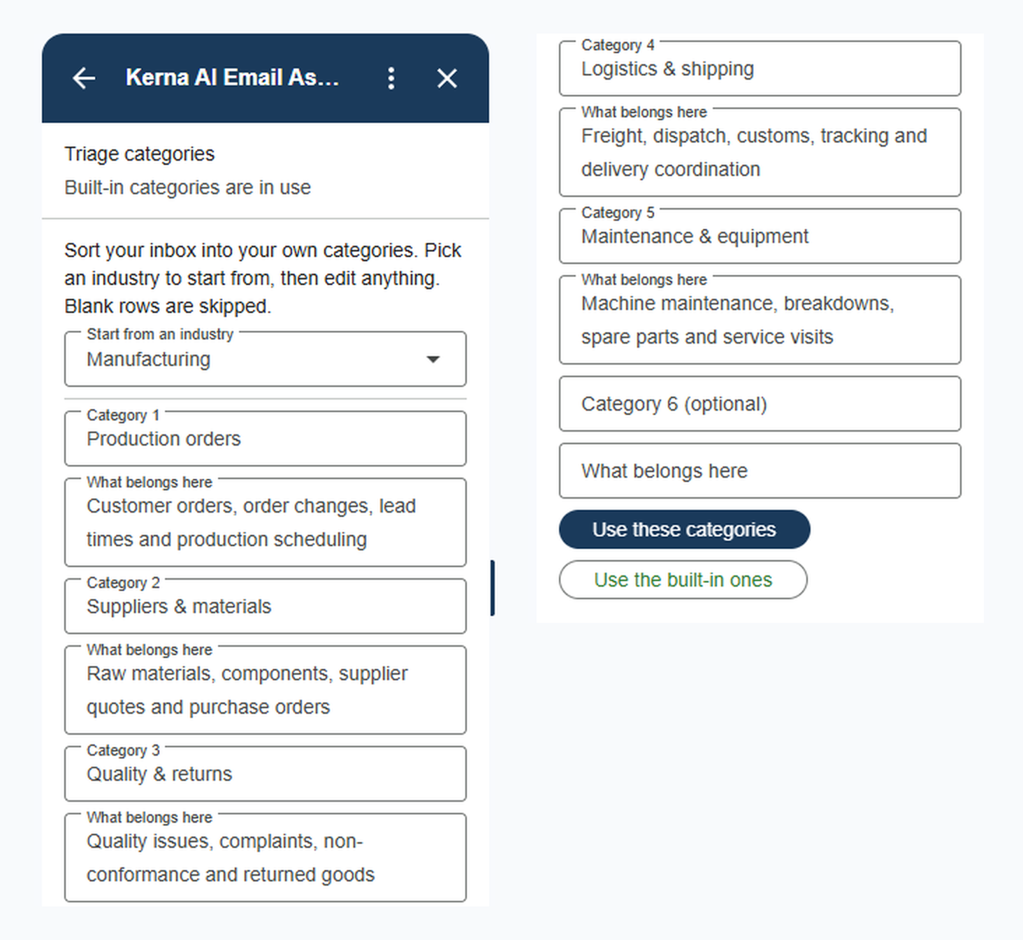 The category settings in Kerna for Gmail, with six categories of the user’s own