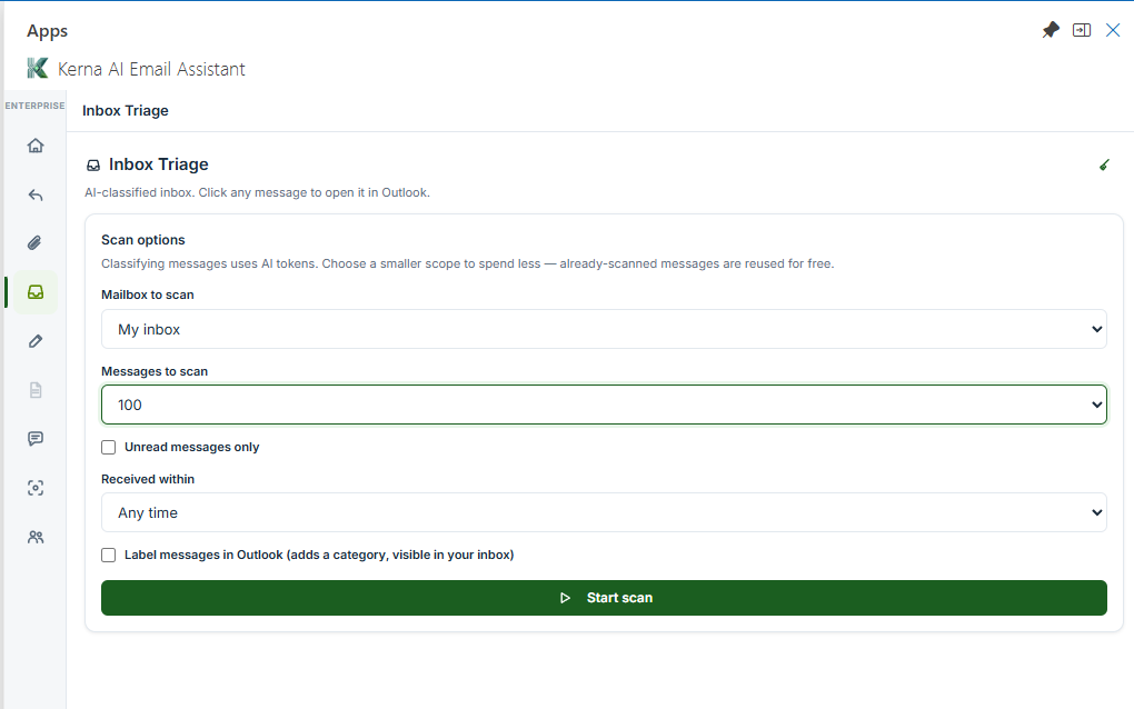 The Kerna triage panel in Outlook before a scan: the scope options and Start scan