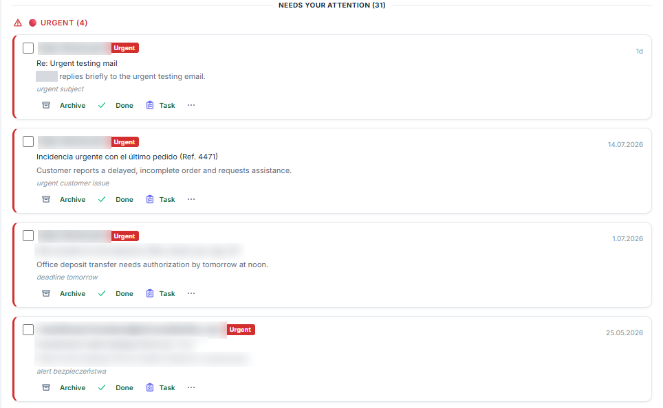 Four sorted messages close up, each showing the reason it was placed in its category