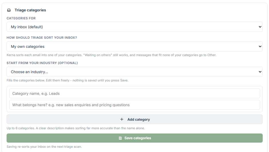 The triage category settings in Kerna for Outlook, with room for six categories of your own